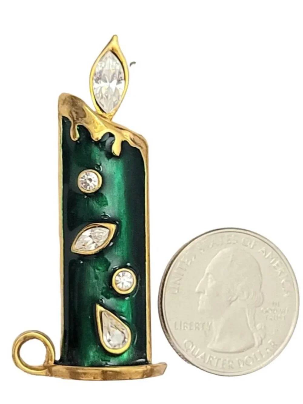 Gold Tone Green Enamel Clear Rhinestone Christmas Candle Brooch Pin K662
